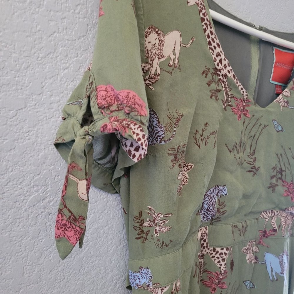 Modcloth Womens Green Swing Dress Size Large Safari Animal Print Novelty Short - Picture 2 of 7